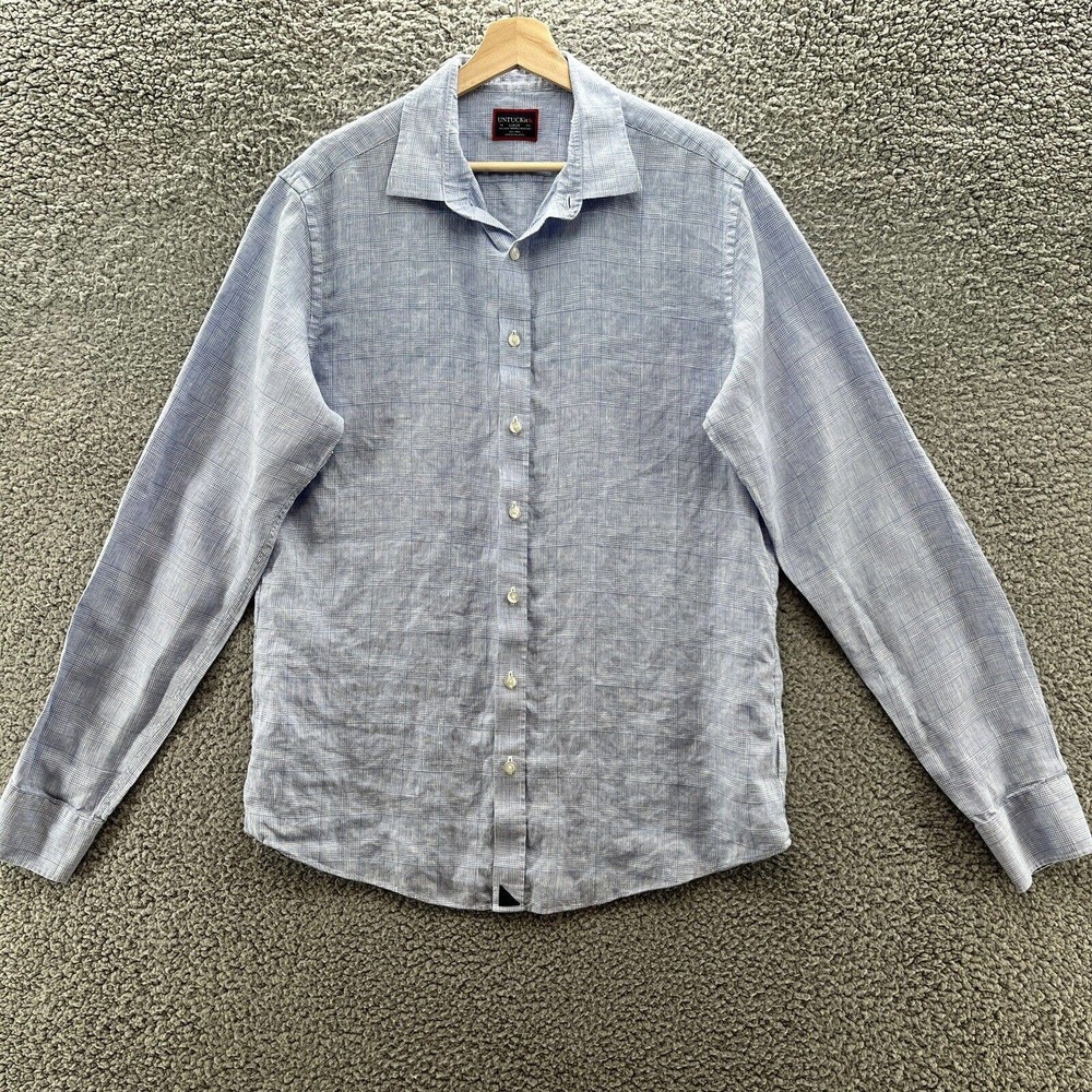 Untuckit Shirt Men Large Tall Blue Plaid Linen Long Sleeve Lightweight Button Up